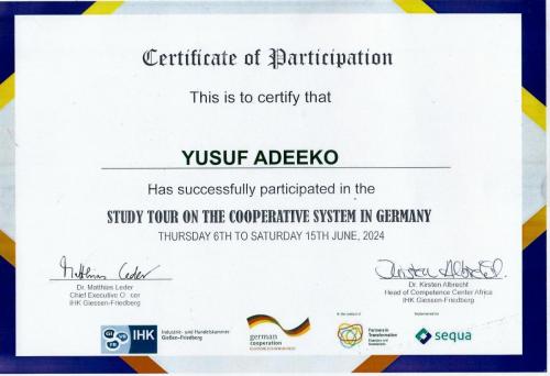 cooperative study tour certificate of Mr. Segun Adeeko